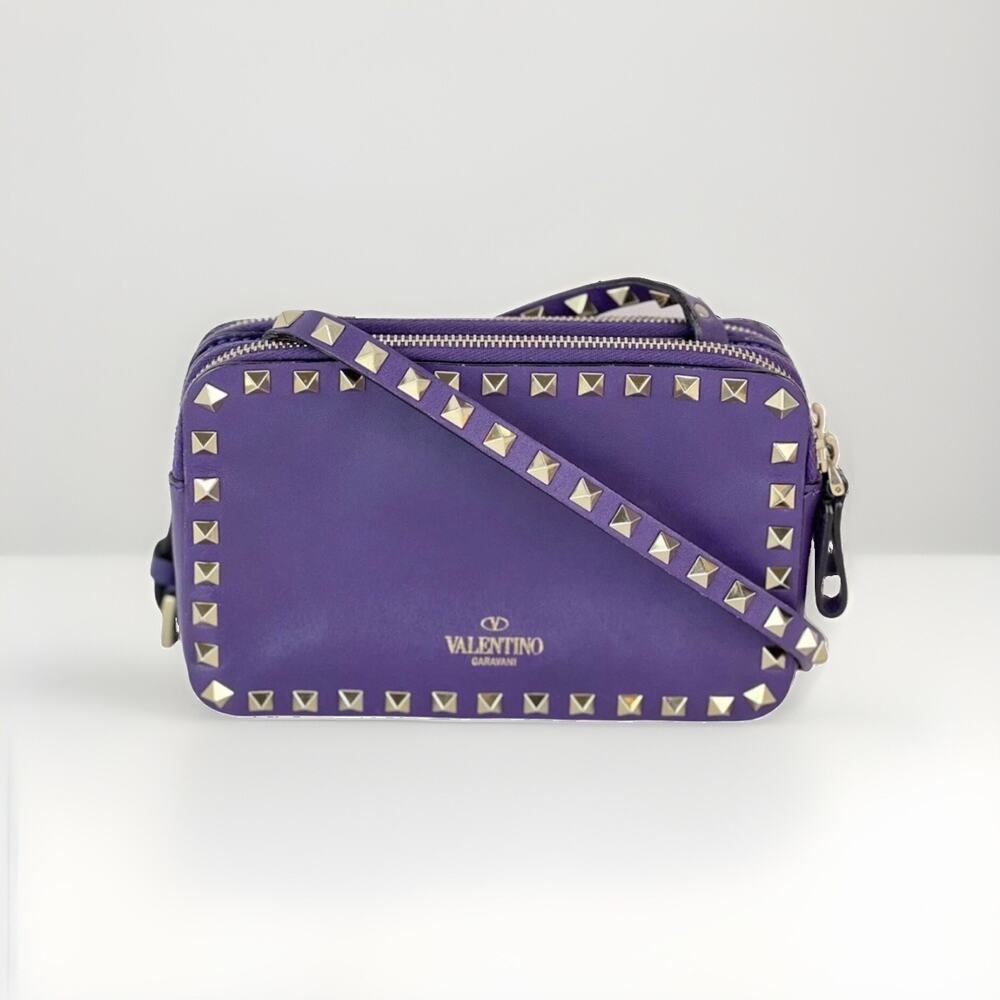 Valentino Rockstud Double Zip Crossbody Camera Bag Purple Leather
